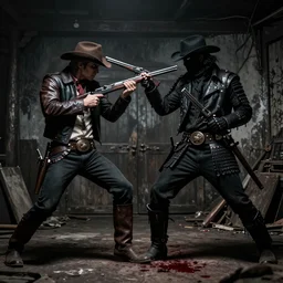 noir samurai gunslinger dueling cowboy, hyper realistic, noir, dark, bloody