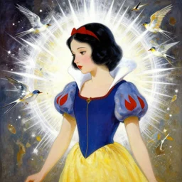 portrait of snow white, birds, white spike aura in motion, floating pieces, painted art by tsuyoshi nagano, greg rutkowski, artgerm, alphonse mucha, spike painting