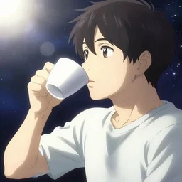 A man drinking a cup of cosmic energy bright light by Masafumi Harada, 4k, digital art, surreal, anime style, Park Sung-woo Red Ice style
