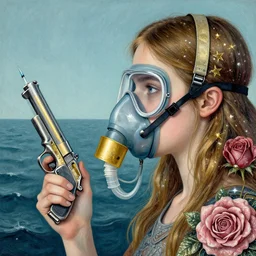 a girl wearing oxygen mask, has gold, silver, starry, rose, a pistol and a syringe needle with sea background intricate details with horror side profile by  bastien lecouffe deharme and Sandra Chevrier, intuitive