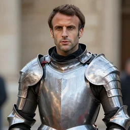 emmanuel macron in a shining knight armor, no helmet, natural lighting, realistic, cinematic, close shot, stolen footage, octane render