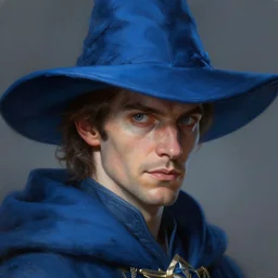 alexis ohanian as a wizard, blue wizard hat, concept art, detailed face, fantasy, highly detailed, cinematic lighting, digital art painting by greg rutkowski