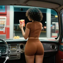 color extreme tight cropped photo : first - person perspective of mixed race ordering! fast food! at a drive thru ordering window at nighttime, woman in brown shortsleeve outfit in restaurant window holding fast food, vintage car interior with elaborate dash with soviet computer console, 1 9 7 0's drive thru, burger and fries