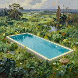 gigantic neon light strips underneath pool, secluded pool in a verdant wetland, extremely detailed oil painting, unreal 5 render, rhads, sargent and leyendecker, savrasov levitan polenov, bruce pennington, studio ghibli, tim hildebrandt, digital art, landscape painting, octane render, beautiful composition