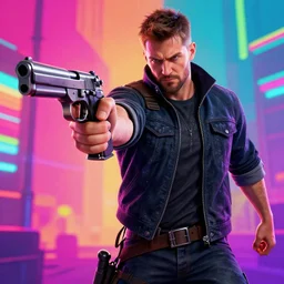 todd howard with a pistol, forcing you to buy skyrim, threatening, sharp, cinematic, colorful, digital art, neon, bright, cyberpunk, realism, bold
