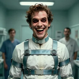 digital portrait of a maniacally laughing man wearing a straitjacket in a sanitarium by rafa sandoval and shawn coss, deviantart, artgerm