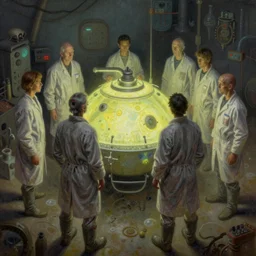 a group of scientists standing around a glowing tank, an ultrafine detailed painting by jose clemente orozco, cgsociety, massurrealism, matte drawing, lovecraftian, dystopian art