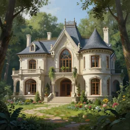 beautiful digital painting of a stylish giant villa in forest with high detail, 8 k, stunning detail, works by artgerm, greg rutkowski and alphonse mucha, unreal engine 5, 4 k uhd