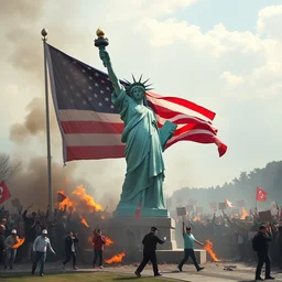 ! dream trump putting the statue of liberty in a headlock, fires burning, riots, people rioting, flag
