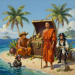 Buddhist Monks, cowboys and monkey pirates and tropical island, retro future treasure, oil paint on canvas