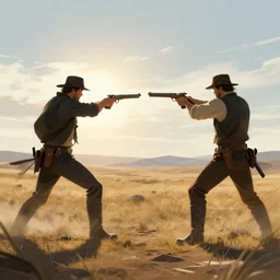 gun duel between two gunslinggers, backlight confrontation, far steppes background, windy environment, concept art, artstation, digital art, wide angle