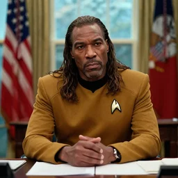 worf from star trek as president of the united states, in the oval office, ( ( photograph ) ), moody, realistic, detailed, skin tinted a warm tone