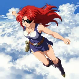 a photo of a female saiyan warrior, red hair, wearing an eyepatch, pirate, flying in the clouds, 4 k uhd, portrait, by makoto shinkai