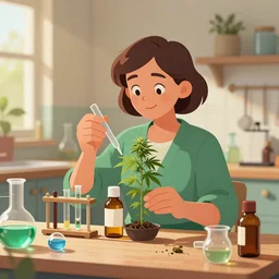 cartoon political illustration of environment portrait ; sensible australian middle aged female cannabis science experiment working in homely kitchen environment, beakers funnels and jars, extract cannabis oil from the plant, bottling medicine, caustics, glassware, natural sunlight, octane render 8 k trending on artstation