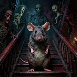 cinematic colorful horror artwork by artgerm, beksinski, mark brooks, stephen king ; real life full portrait of ugly furry mouse at the top of staircase ; dark ominous scary, 8 k hdr, creepy intricate ; volumetric dramatic lighting, insanely detailed, haunting