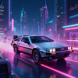 “delorean in a cyberpunk city with skyscrapers, art station award winner, digital art, ray trace, neon colors, short telephoto”