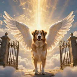a beautiful photograph of a dog with angel wings in front of gates of heaven, Tyndall effect, golden heavenly lights, breathtaking clouds, 4K, HDR