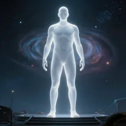 film still of a light form of human giant, a blured universe from'lost in space ( 2 0 1 8 )'on background, frontal view, long shot, dramatic light, realistic shaded lighting cyberpunk futuristic, artsation, 4 k, octane render width 5 1 2 - - height 7 6 8 - - steps 4 - - cfg _ scale 5