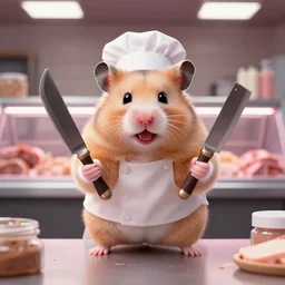 hamster butcher with an evil face, in a butcher shop, holding cleavers in his hands. standing in front of the table. realism. magic. front view.