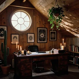 1970s interior magazine photo of a witchcore office with candles, wooden walls with framed occult art, and a potted cactus and some hanging plants, with natural dappled light coming in through a circular window, in an attic