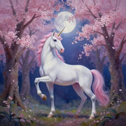 a beautiful painting of the last unicorn in a cherry blossom forest, volumetric lighting, moonlit by greg rutkowski and kalin popov, trending on artstation, masterpiece,