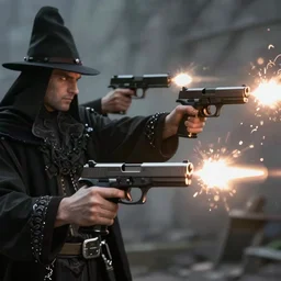 A sorcerer wielding two Glock pistols, bust shot, Art by James Jean, high detail, 8k, Smooth, High contrast, depth of field, aperture f2.8