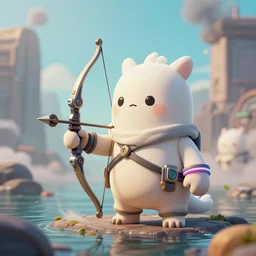 scifi scene, landscape, cute monsters, hold mechanical bow and arrow, wearing off - white style, with depth of field, octane render, neon hand sports bracelet, standing on the water ground, with splatoon style, smoke war, comic paint, anorld render, unreal engine render, vfx, octane render, highly quality, artstation, 4 k,