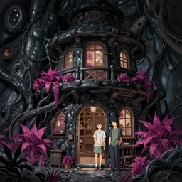 concept art painting of a interior of a cozy alien fantasy cottage, with black vines and magenta houseplants, realistic, detailed, cel shaded, dark, in the style of makoto shinkai and greg rutkowski and james gurney