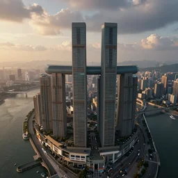 skyscrapers with straight features, big river with bridge, atmospheric clouds, golden hour, artstation, unreal engine 5, hyperdetailed, aerial view,