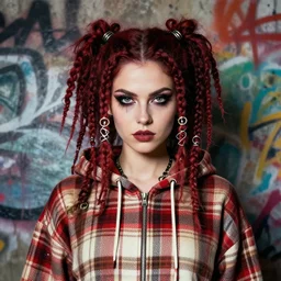 highly detailed portrait of a sewer punk lady, tartan hoody, ringlet hair by atey ghailan, by greg rutkowski, by greg tocchini, by james gilleard, by joe fenton, by kaethe butcher, gradient red, brown, cream and white color scheme, grunge aesthetic!!! ( ( graffiti tag wall background ) )