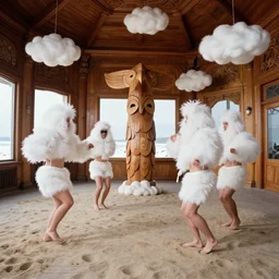realistic photo portrait of the friends on a winter beach, white carnival fluffy costume, wooden mask sculpture of a totem bird, wearing hairy fluffy cotton shorts, dancing in the spacious wooden polished and fancy expensive wooden room interior with many cloud sculptures 1 9 9 0, life magazine reportage photo