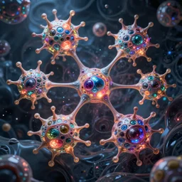 quantum connections represented as symbiotic organisms like cells playing around with colorful lights by ernst haeckel, liquid
