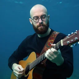 young bald guy with beard and round glasses playing a guitar underwater portrait