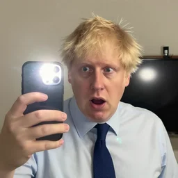 boris johnson accidentally taking a selfie with the front camera, very scared, surprised by the camera flash that is so bright in his face