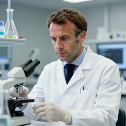 emmanuel macron wearing lab coat and gloves, science lab, highly detailed, digital art, sharp focus, trending on art station