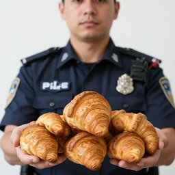 closeup portrait of police presenting drug catch haul of croissants, photograph, natural light, sharp, detailed face, magazine, press, photo, steve mccurry, david lazar, canon, nikon, focus