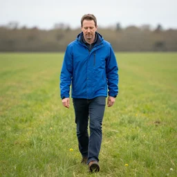 steven bonnell ii in a blue jacket walking in a field, 2 0 mm sigma lens, sony a 7 siii