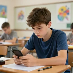 A bored teenager in a classroom looking at his smartphone, artwork by Craig Mullins, trending on artstation