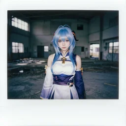 rich and atmospheric! Polaroid! photo of a reimu hakurei cosplayer in an abandoned facility