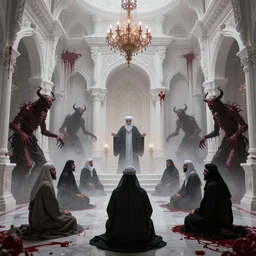 satanic occult seance conjures hizbillah in a misty white ornate detailed room with red bfluid dripping from the walls, horrific demons emerge, volumetric lighting, hdr, 8 k