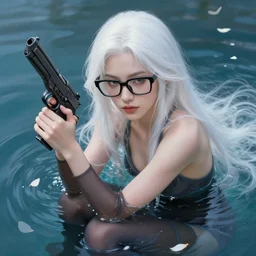 a beautiful + white hair + cool black glasses + holding pistol + tights + ana de armas + dream water, beautiful smooth soft light + white petal, oil paint, cinematic lighting, octane render, unreal engine 5, 4 k, highly detailed, instagram,