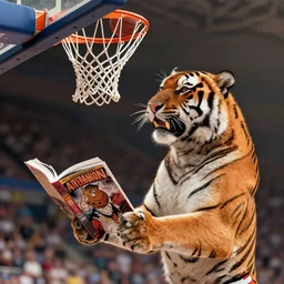a photorealistic picture of a tiger dunking a basketball comic book illustration Trending on Artstation, featured on Behance, well-rendered, fine detail, extra crisp image, Unreal Engine, 4K HD
