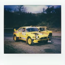 old polaroid shots of a yellow rally car