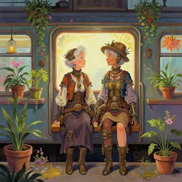 elderly lesbian multiracial couple in steampunk vaporwave train with potted plants. complementary colors, gouache, indie concept art, bloom, chiaroscuro, backlighting, intricate details.