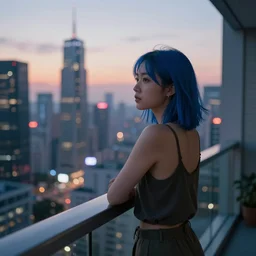 Asian woman with blue hair on a balcony looking over a city skyline, sundown, photorealistic, cyberpunk