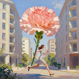 a giant carnation flower as a head, a woman running between luxury apartments, surreal photography, sunlight, impressionist painting, digital painting, artstation, simon stalenhag