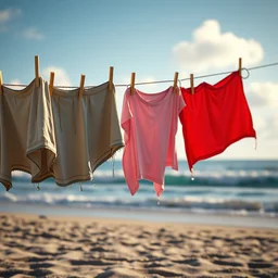 a closeup photorealistic photograph of wet clothes drying on the beach, fantastic four theme. bright scene. fine detail. this 4 k hd image is trending on artstation, featured on behance, well - rendered, extra crisp, features intricate detail, epic composition and the style of unreal engine.