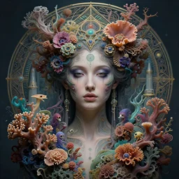 hyperrealistic photo of the uniquely beautiful young goddess of fractal coral reefs morphed together with an elaborate cyberpunk fractal mycelium cathedral of sea flowers and sea creatures, strong cyberpunk make - up, emotionally evoking symbolic metaphors, head in focus, heavily ornamental, sacred geometry sublime, elegant, sensual, etheric, moody, highly detailed digital painting, artstation, golden ratio, sharp focus, art by h. r. giger and ernst haeckel, alphonse mucha,