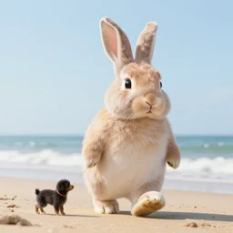 a giant bunny walking its owner on the beach. hyperreal. realistic. high resolution. 8k. studio lighting.