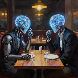 two cyborgs with glowing plasma ball heads having an awkward dinner date in a dimly lit cafe, acrylic on canvas, intricate, highly detailed, dramatic lighting, anton pieck william henry hunt, trending on artstation